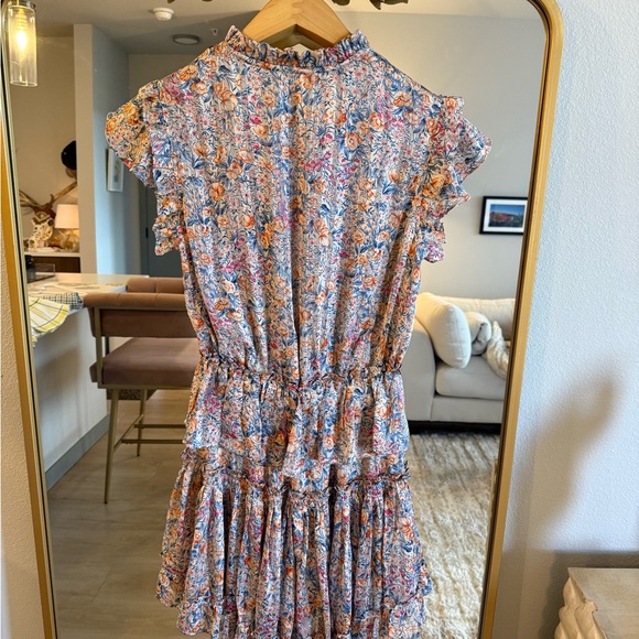 RESET by Jane Floral Shimmer Ruffle Flutter Sleeve High Low Mini Dress S - Picture 7 of 12